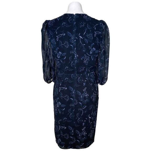 Halogen Navy Floral Wrap Dress, Sheer Puff Sleeves & Tulip Hem Women's Size M - Picture 6 of 10